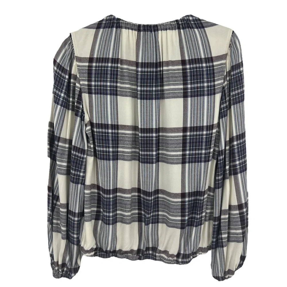 Anthropologie Cloth & Stone XS Glacier Plaid Blouse White Blue Check - Picture 3 of 9